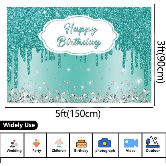 XCKALI Teal Blue Birthday Backdrop and Tablecloth Kit Glitter Teal Blue Diamond - Picture 2 of 6